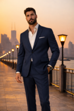 Male model wearing a navy blue slim fit two-piece suit with white shirt, standing outdoors at sunset.