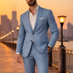 Male model wearing a sky blue slim fit two-piece suit with open collar shirt, standing outdoors at sunset.