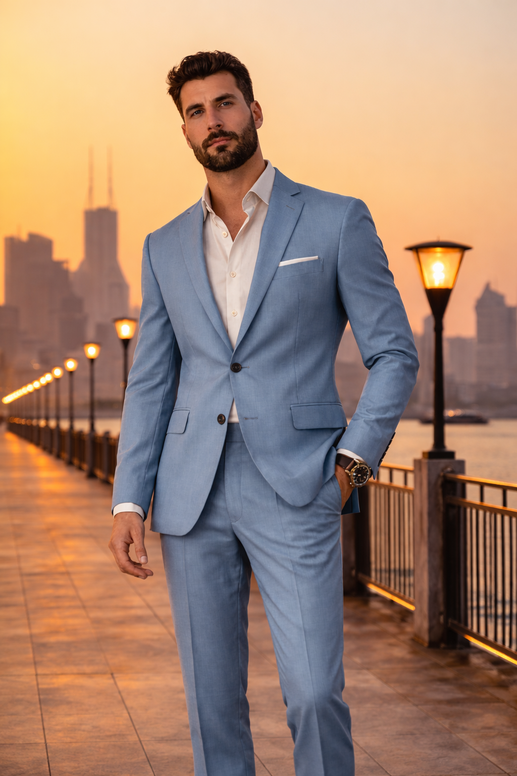 Men’s Sky Blue Slim Fit Suit – Modern Wedding & Formal Wear Male model wearing a sky blue slim fit two-piece suit with open collar shirt, standing outdoors at sunset.
