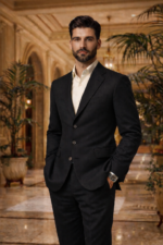 Male model wearing a classic black slim fit two-piece suit with open collar shirt, standing in a luxury interior setting.