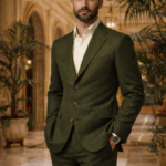 Male model wearing an olive green slim fit two-piece suit with open collar shirt, standing in an elegant interior setting.