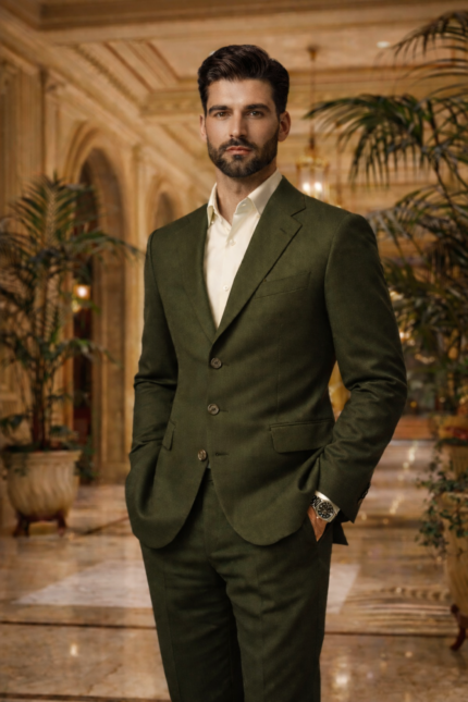 Male model wearing an olive green slim fit two-piece suit with open collar shirt, standing in an elegant interior setting.