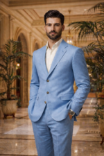 Male model wearing a sky blue slim fit two-piece suit with open collar shirt, standing in an elegant interior setting.