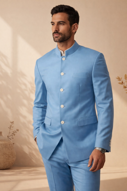 Man wearing a light blue bandhgala suit standing in a minimalist beige interior.