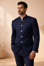 Man wearing a navy blue bandhgala suit standing in a minimalist beige interior.