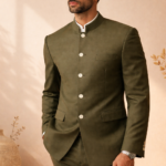 Man wearing an olive green bandhgala suit standing in a minimalist beige interior.