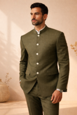 Man wearing an olive green bandhgala suit standing in a minimalist beige interior.