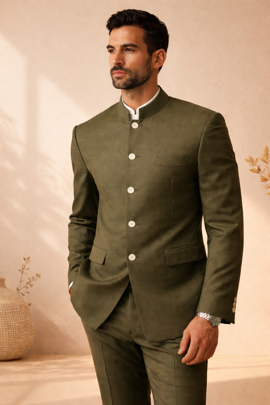 Olive Green Bandhgala Suit – Elegant Traditional Menswear Man wearing an olive green bandhgala suit standing in a minimalist beige interior.
