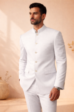 Man wearing a white bandhgala suit standing in a minimalist beige interior.