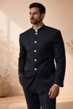 Man wearing a navy blue bandhgala suit standing in a minimalist beige interior.