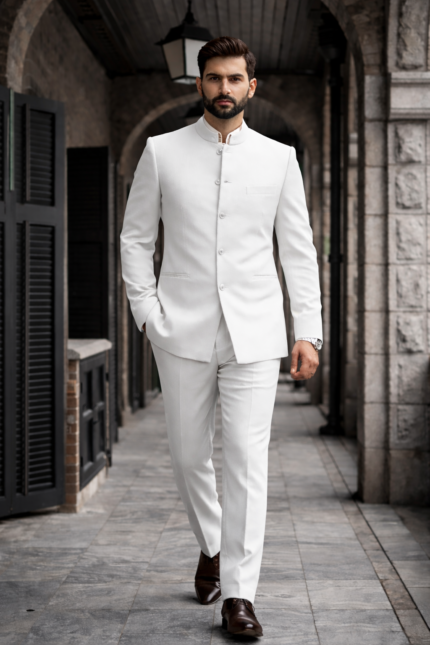 Man wearing a white bandhgala suit walking in a stone corridor.
