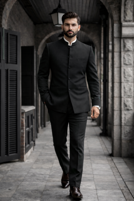 Man wearing a black bandhgala suit walking in a stone corridor.