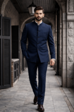 Man wearing a navy blue bandhgala suit walking in a stone corridor.