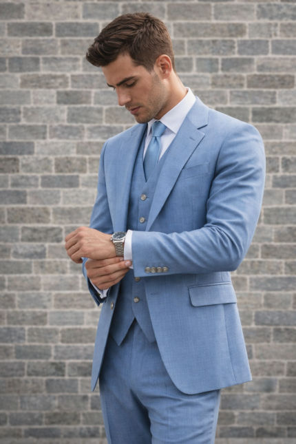 Man wearing a light blue three-piece suit adjusting his cuff against a brick wall background.