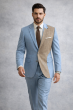Man wearing a light blue suit with beige textured contrast panel walking against a studio background.