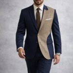 Man wearing a navy blue suit with beige textured contrast panel walking against a studio background.