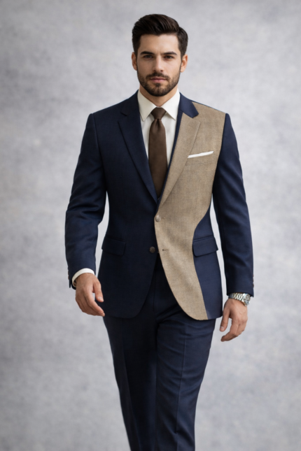 Man wearing a navy blue suit with beige textured contrast panel walking against a studio background.