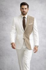 Man wearing a white suit with beige textured contrast panel walking against a studio background.