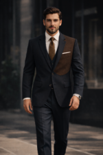 Man wearing a black suit with brown contrast panel walking in a modern urban setting.