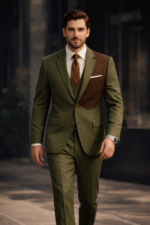 Man wearing an olive green suit with brown contrast panel walking in a modern urban setting.