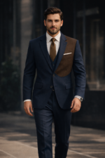 Man wearing a navy blue suit with brown contrast panel walking in a modern urban setting.