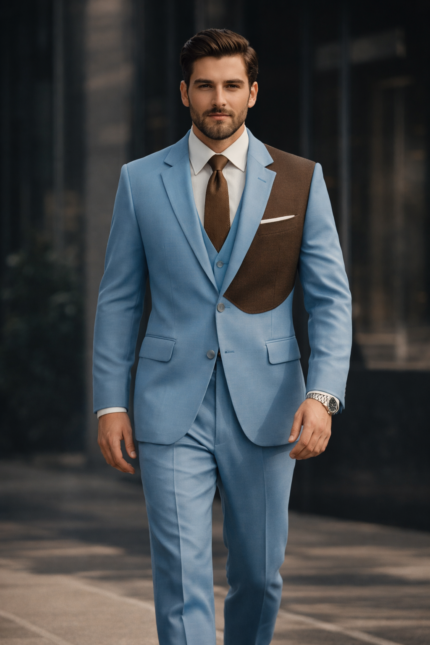 Man wearing a light blue suit with brown contrast panel walking in a modern urban setting.
