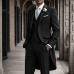 Man wearing a black morning suit with waistcoat standing in a classic stone corridor.