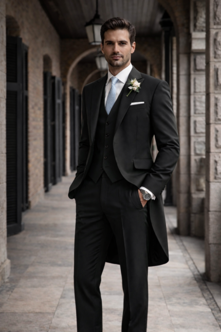 Man wearing a black morning suit with waistcoat standing in a classic stone corridor.