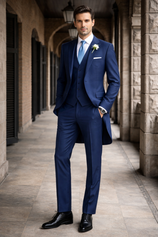 Man wearing a navy blue morning suit with waistcoat standing in a classic stone corridor.