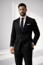 Man wearing a black suit with navy tie standing in a minimalist studio background.