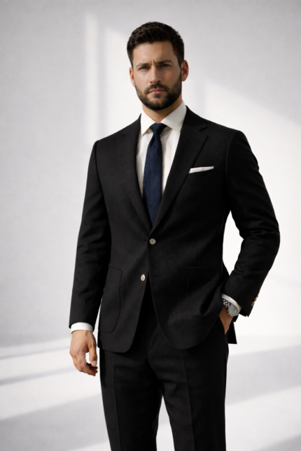 Man wearing a black suit with navy tie standing in a minimalist studio background.