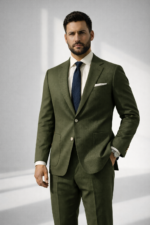 Man wearing an olive green suit with navy tie standing in a minimalist studio background.