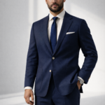 Man wearing a navy blue suit with navy tie standing in a minimalist studio background.