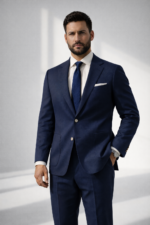 Man wearing a navy blue suit with navy tie standing in a minimalist studio background.