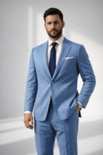 Man wearing a light blue suit with navy tie standing in a minimalist studio background.