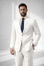 Man wearing a white suit with navy blue tie standing in a minimalist studio background.