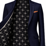 Men's navy blue suit jacket with premium patterned inner lining and pocket square, luxury tailored menswear.