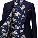 Men's navy blue suit jacket with floral patterned inner lining and pocket square, luxury tailored menswear.