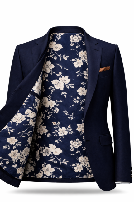 Men's navy blue suit jacket with floral patterned inner lining and pocket square, luxury tailored menswear.