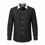 Men's black pinstripe dress shirt with white contrast collar, premium tailored formal menswear.