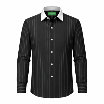 Men's black pinstripe dress shirt with white contrast collar, premium tailored formal menswear.