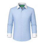 Men's light blue dress shirt with white contrast collar and cuffs, premium tailored formal menswear.