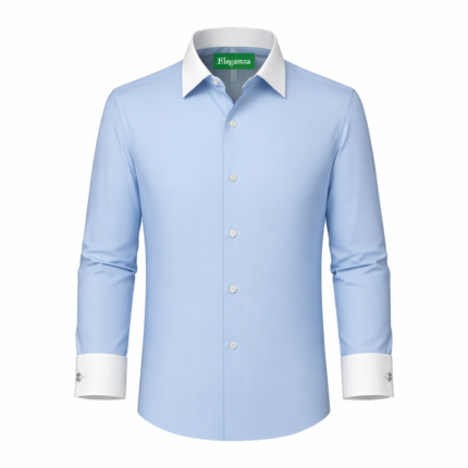 Men's light blue dress shirt with white contrast collar and cuffs, premium tailored formal menswear.