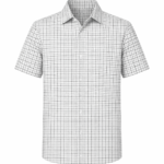 Men's light grey small check short sleeve shirt with classic collar, premium casual menswear.