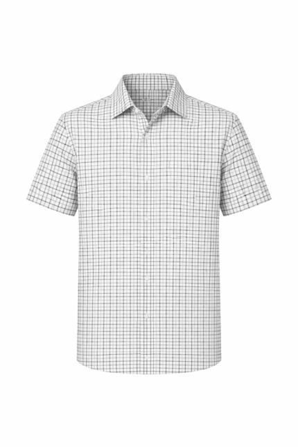 Men's light grey small check short sleeve shirt with classic collar, premium casual menswear.