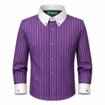 Men's purple striped dress shirt with white contrast collar and cuffs, premium tailored formal menswear.
