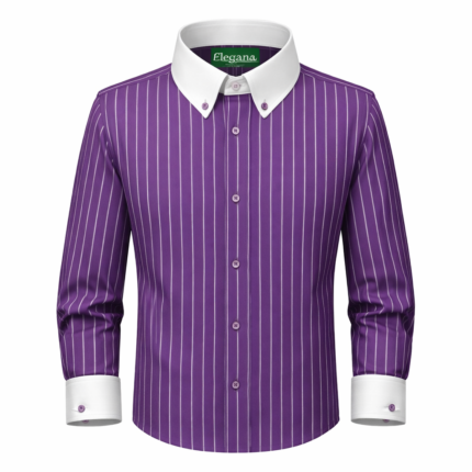 Men's purple striped dress shirt with white contrast collar and cuffs, premium tailored formal menswear.