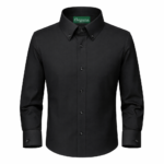 Men's black classic dress shirt with long sleeves and tailored fit, premium formal menswear.