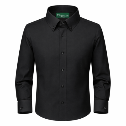 Men's black classic dress shirt with long sleeves and tailored fit, premium formal menswear.