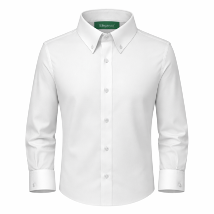 Men's white classic dress shirt with long sleeves and tailored fit, premium formal menswear.